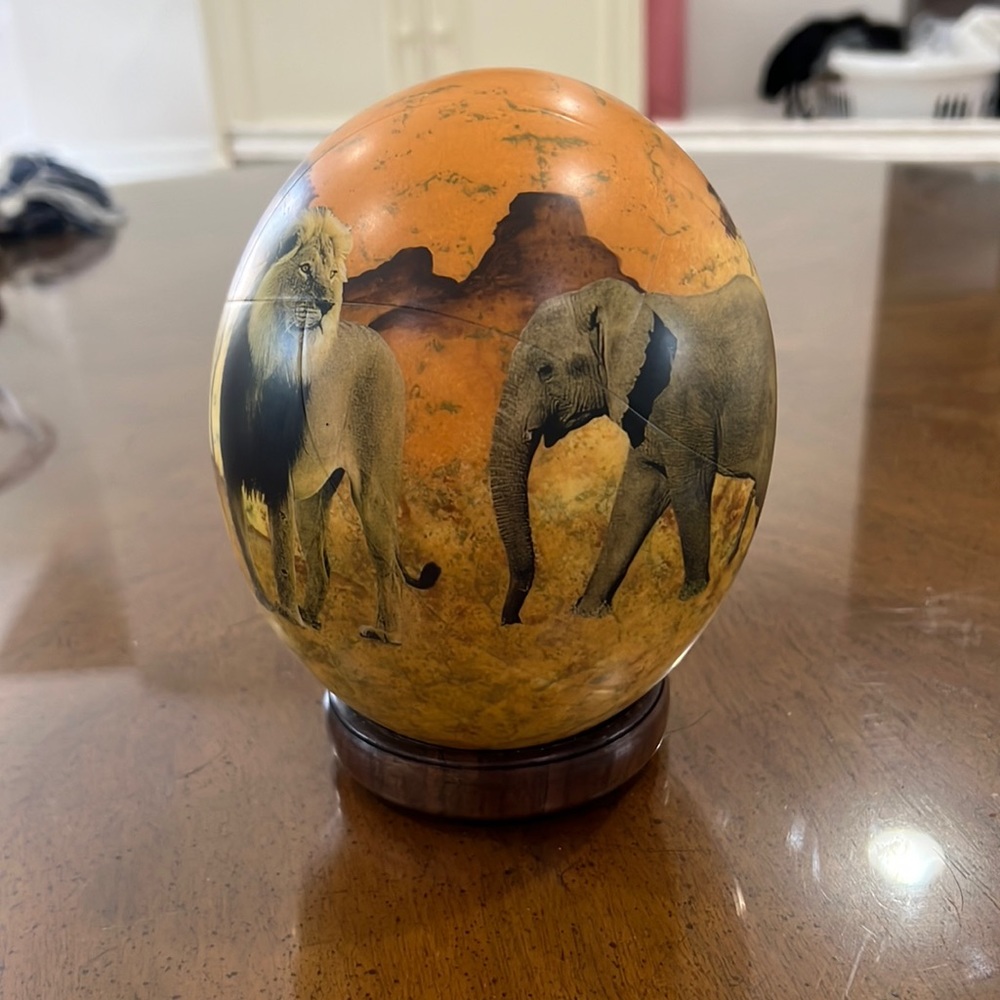 Ostrich egg hand painted in South Africa with display stand